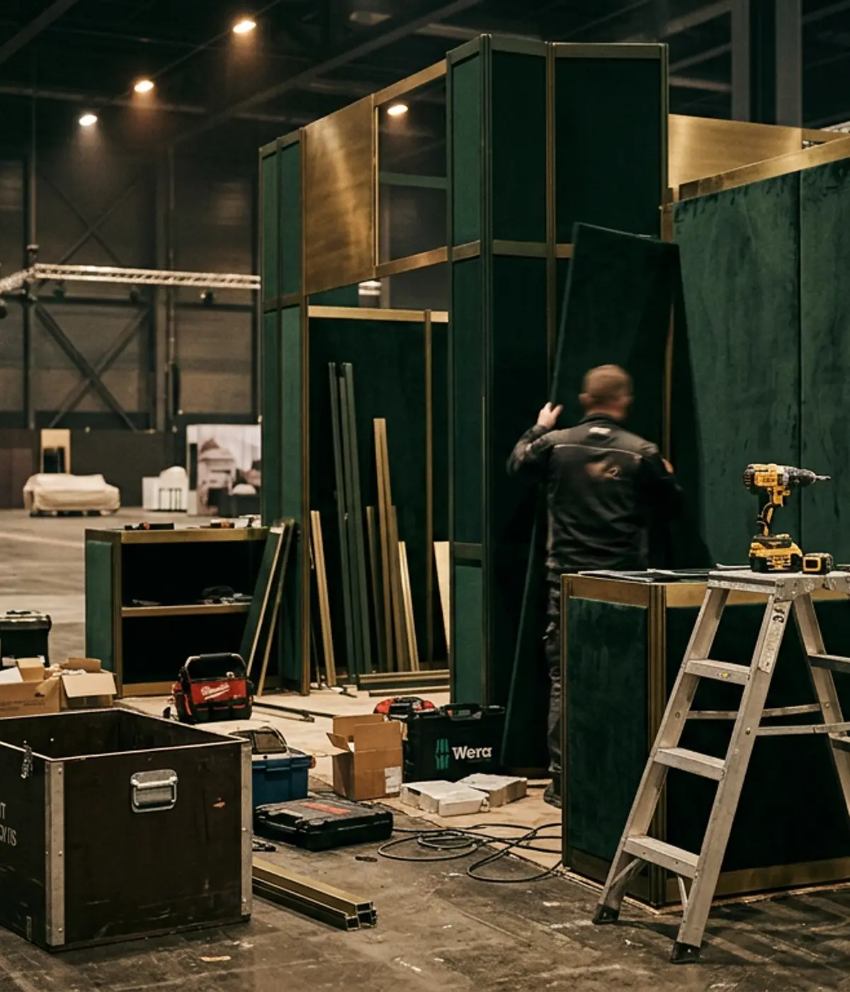 A modular trade-show booth mid-installation in a convention hall